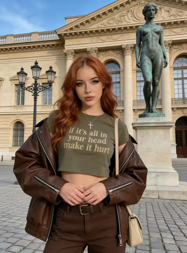AI-generated redhead in a leather jacket on a city square