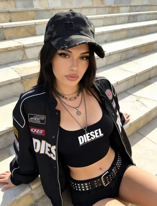 AI-generated woman in a cap and racing jacket on stone steps